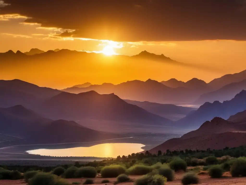 El sol se pone sobre las montañas del Atlas en Argelia, reflejando colores vibrantes en un lago tranquilo