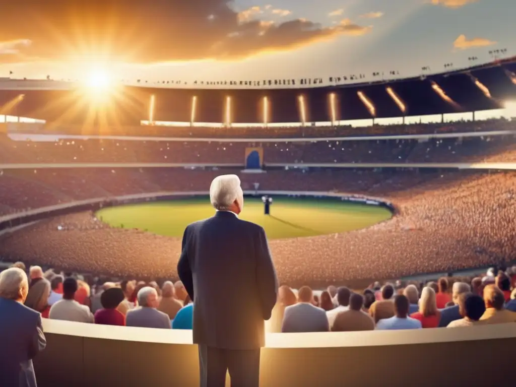 Con el sol poniéndose detrás, Billy Graham evangelista predica a una multitud diversa en un estadio al aire libre, generando una atmósfera llena de esperanza y emoción