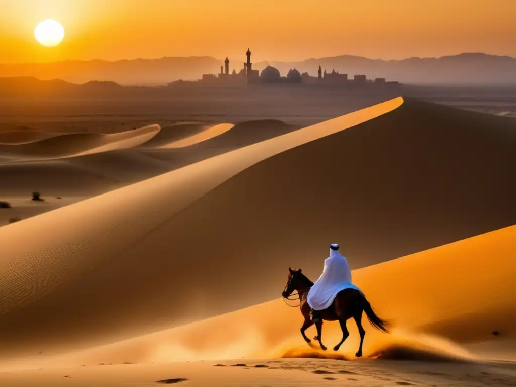 El sol naciente ilumina el desierto árabe mientras Califa Umar cabalga hacia la expansión del Islam