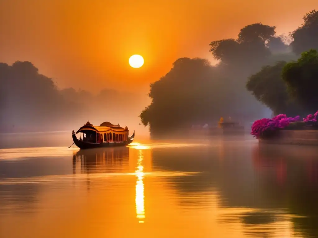 El sol naciente ilumina el río Ganges, rodeado de exuberante naturaleza y templos sagrados, creando una atmósfera espiritual de Unificación India