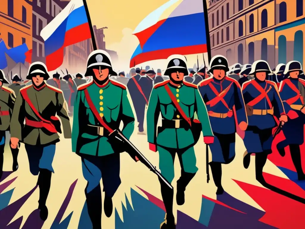 Soldados y civiles marchan en una ciudad devastada por la guerra, capturando la intensidad y el caos de la Revolución Rusa cambio juego Primera Guerra