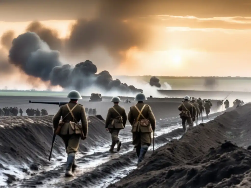 Soldados tratan de avanzar en el fango de la devastada Batalla del Somme, con la artillería disparando a lo lejos y un paisaje desolador