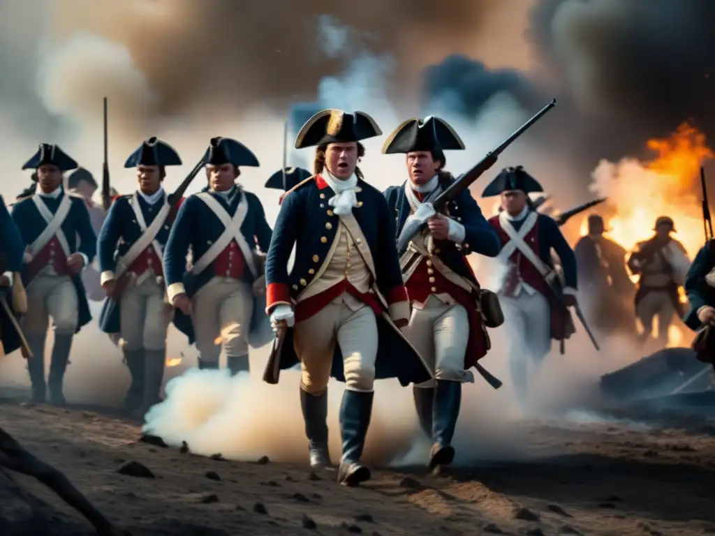 Soldados luchando en la Guerra Revolucionaria Americana, reflejando la influencia de Voltaire en la independencia americana