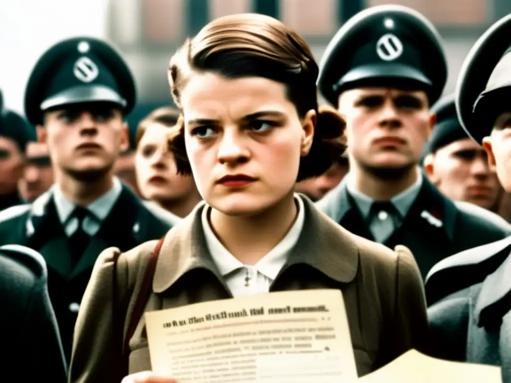 Sophie Scholl desafía valientemente a los soldados nazis con su determinación y coraje, sosteniendo panfletos de la Resistencia Rosa Blanca