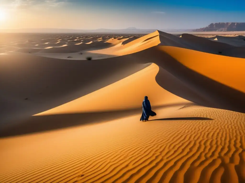 Un solitario beduino contempla la estrategia de Rommel en el Desierto, inmenso y soleado, con dunas y rocas