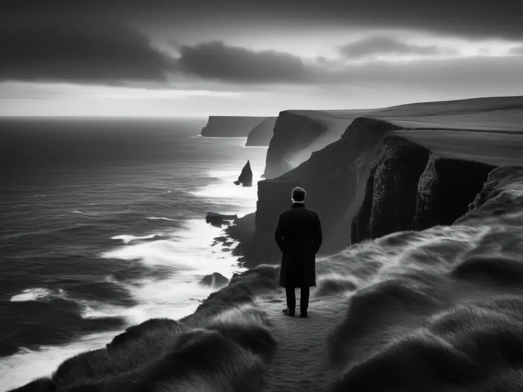 Un solitario contempla el horizonte en un acantilado, envuelto en pensamientos existenciales