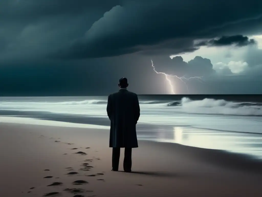Un solitario contempla el horizonte en una playa desolada, mientras nubes tormentosas se ciernen sobre él