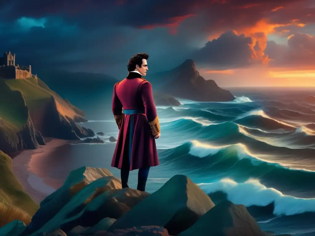 Un solitario Lord Byron contempla el mar desde un acantilado, con nubes tormentosas