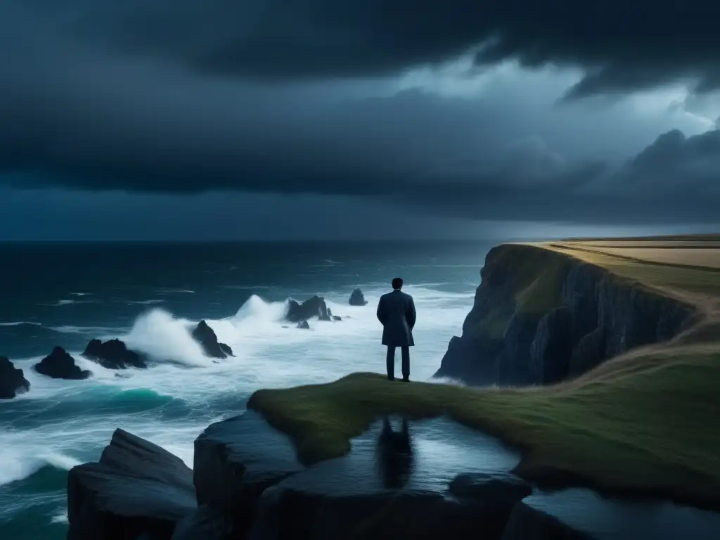 Un solitario contempla el mar agitado desde el acantilado en un cielo tormentoso, evocando el existencialismo y la libertad filosofía siglo XX