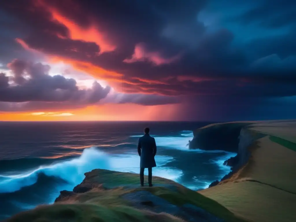 Un solitario contemplando el mar agitado en un acantilado al atardecer