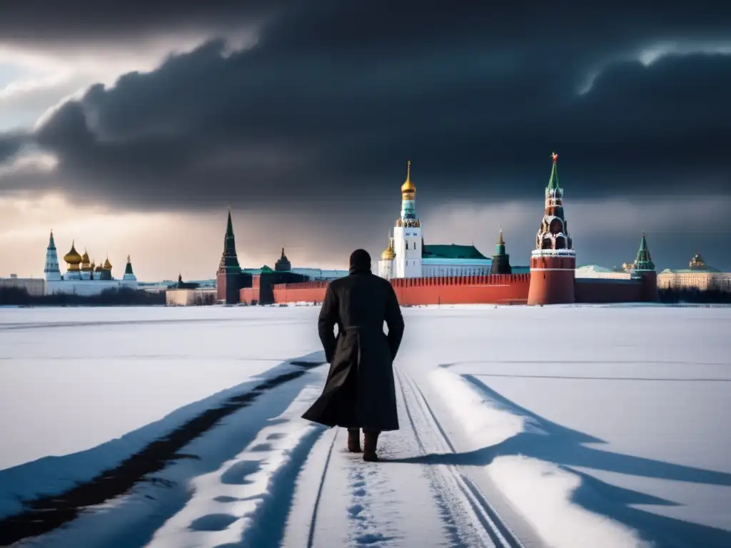 Un solitario personaje desafiando el Kremlin en un paisaje nevado