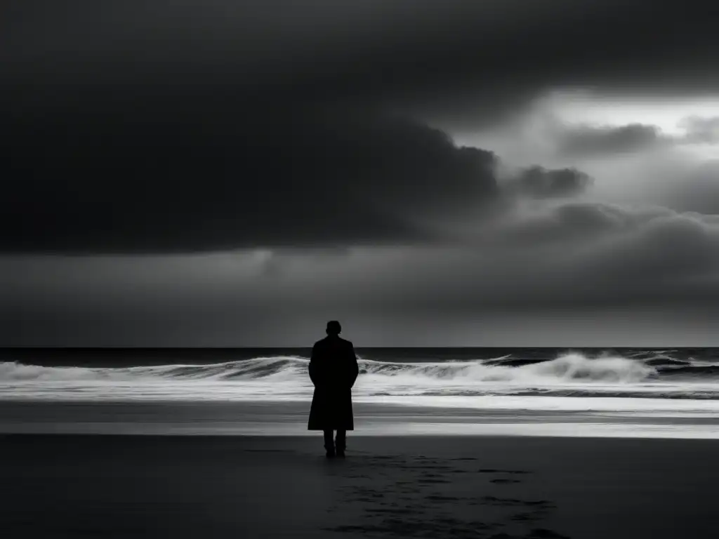 Un solitario en la playa, enfrentando el vasto océano bajo un cielo nublado
