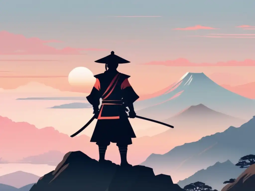 Un solitario samurái contempla en silencio el paisaje japonés al amanecer, evocando la ética y filosofía samurái de Yamamoto Tsunetomo