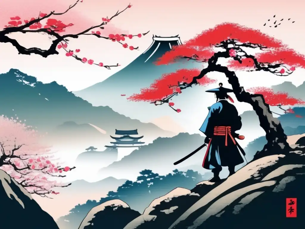 Un solitario samurái contempla un valle en neblina desde un acantilado rocoso, con un cerezo en flor