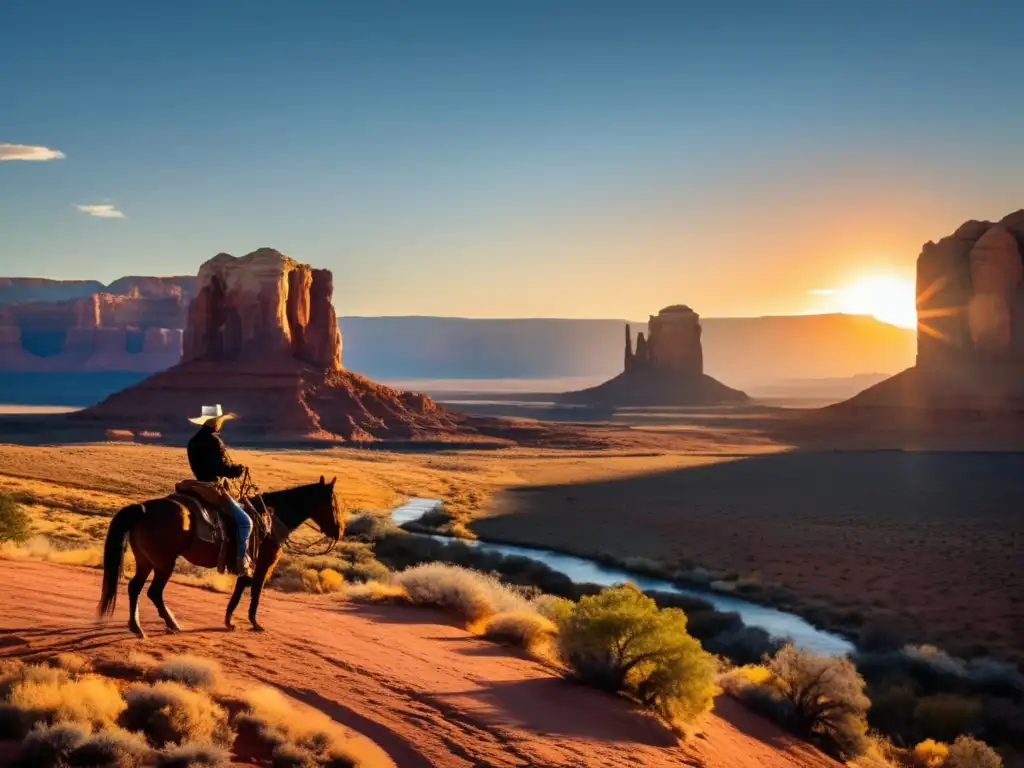 Un solitario vaquero cabalga hacia el atardecer en el paisaje del Oeste americano, evocando el mito americano y la construcción de John Ford