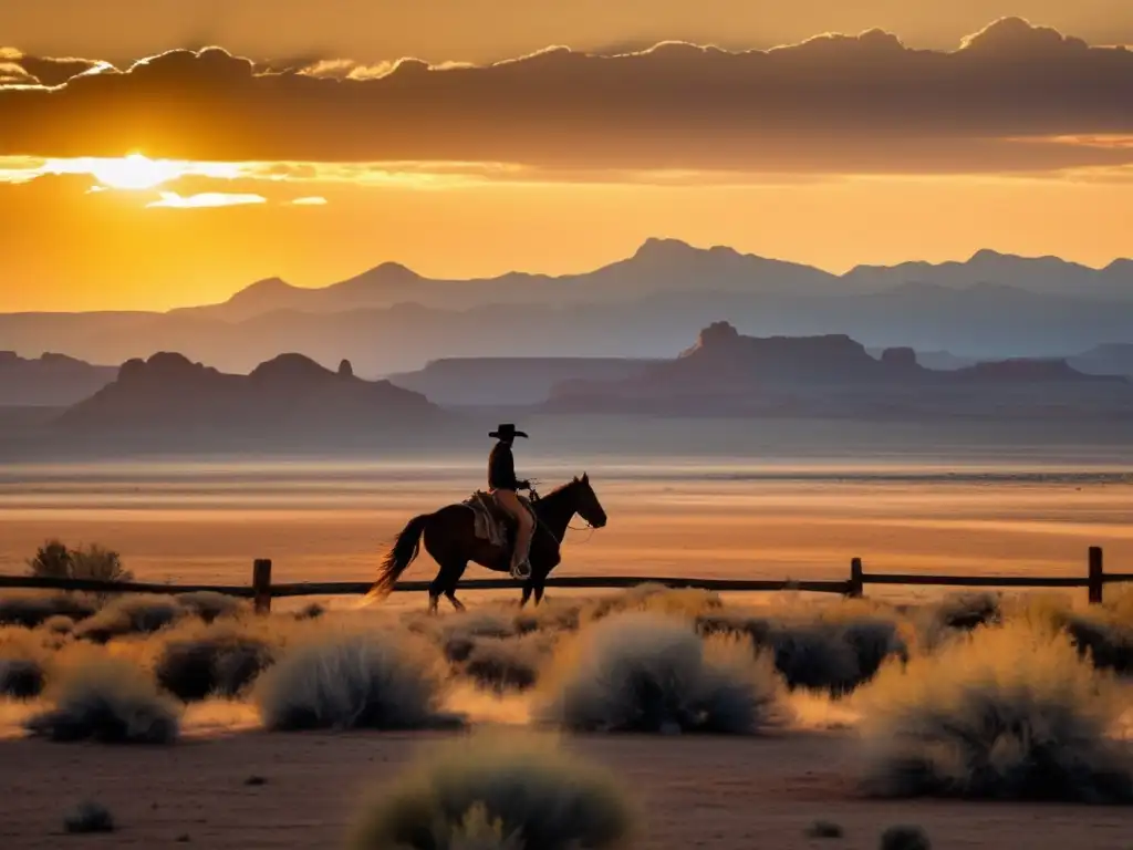 Un solitario vaquero cabalga hacia el atardecer en un paisaje del suroeste americano