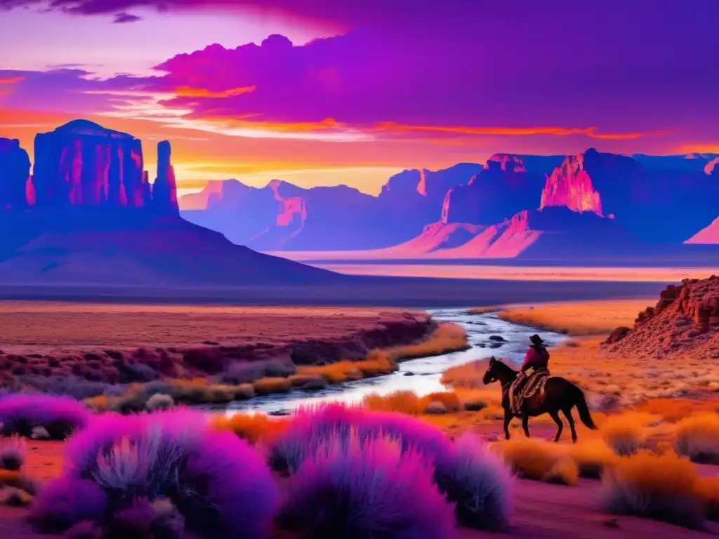 Un solitario vaquero cabalga hacia el horizonte en un paisaje dorado del oeste al atardecer, evocando la construcción del mito americano de John Ford