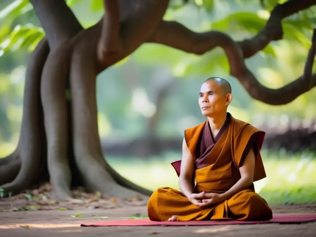 Bajo la sombra de un árbol bodhi, un joven monje medita en un entorno natural sereno, emanando paz y fuerza interior