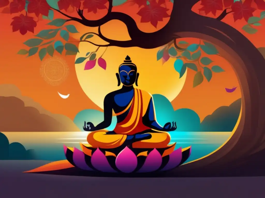 Bajo la sombra del árbol Bodhi, Mahavira historia reformador espiritual medita en una obra digital moderna que irradia paz y energía espiritual