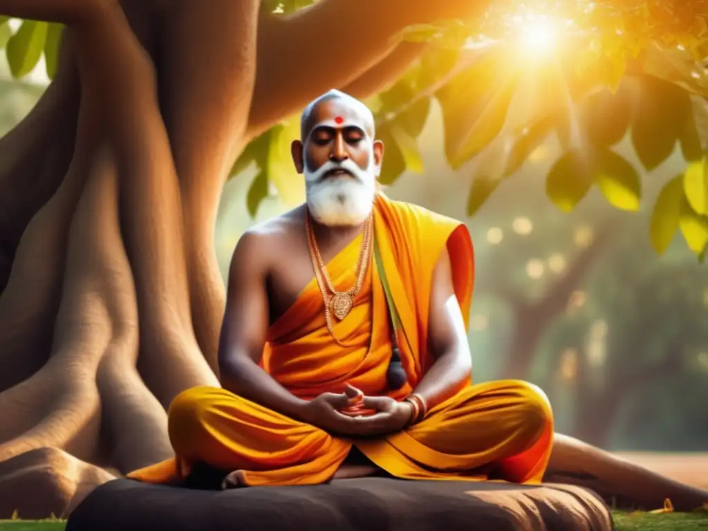 Bajo la sombra del árbol Bodhi, Adi Shankaracharya medita en profunda serenidad, irradiando sabiduría de la Filosofía No Dual Advaita