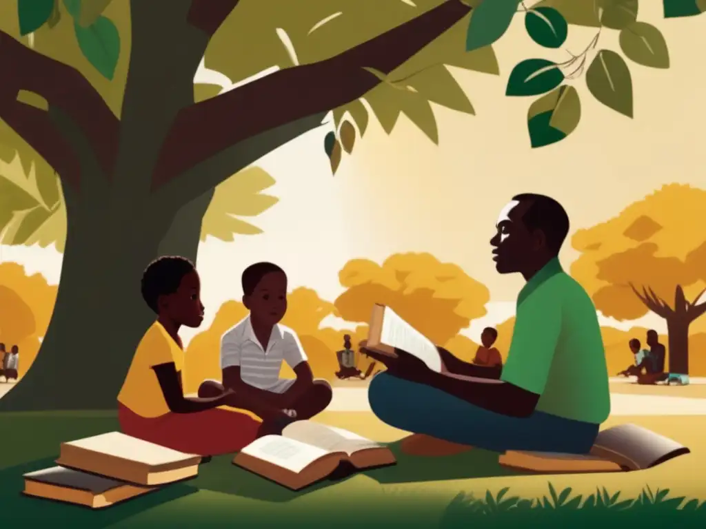 Bajo la sombra del árbol, Kwame Nkrumah estudia rodeado de libros y pergaminos, mientras detrás, ancianos debaten animadamente