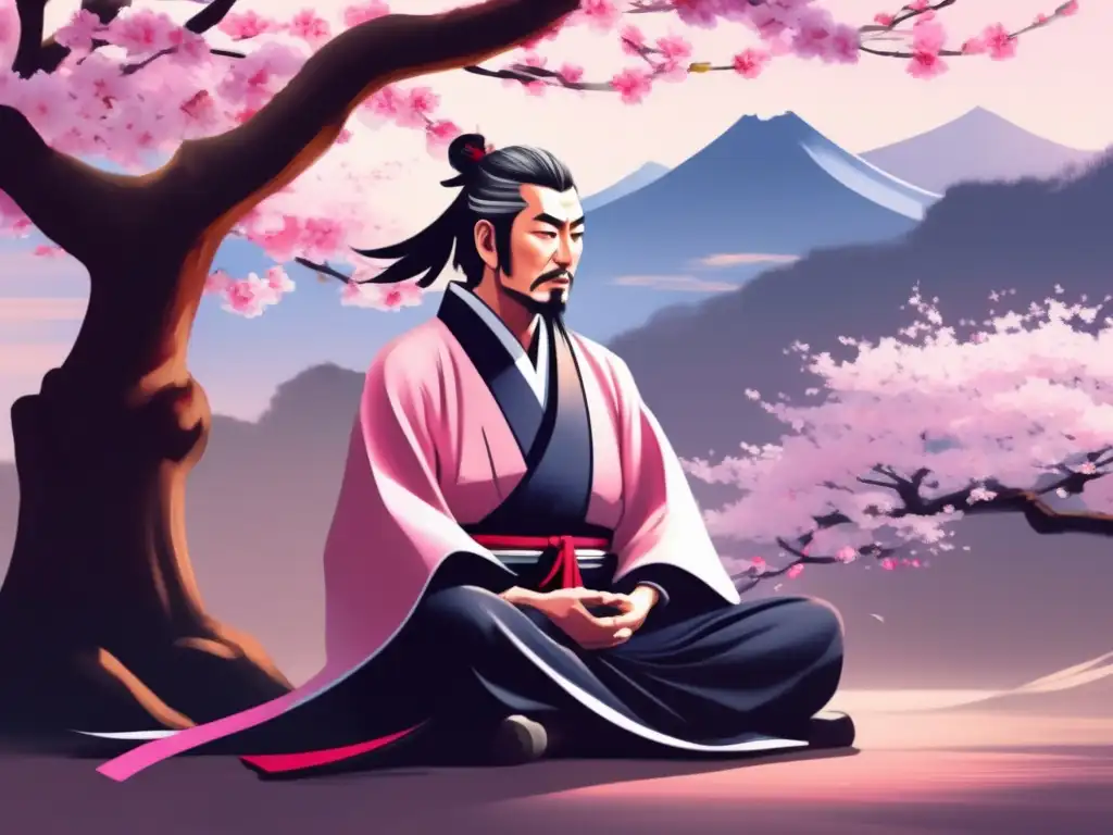 Bajo la sombra del cerezo en flor, Miyamoto Musashi medita con sabiduría samurái