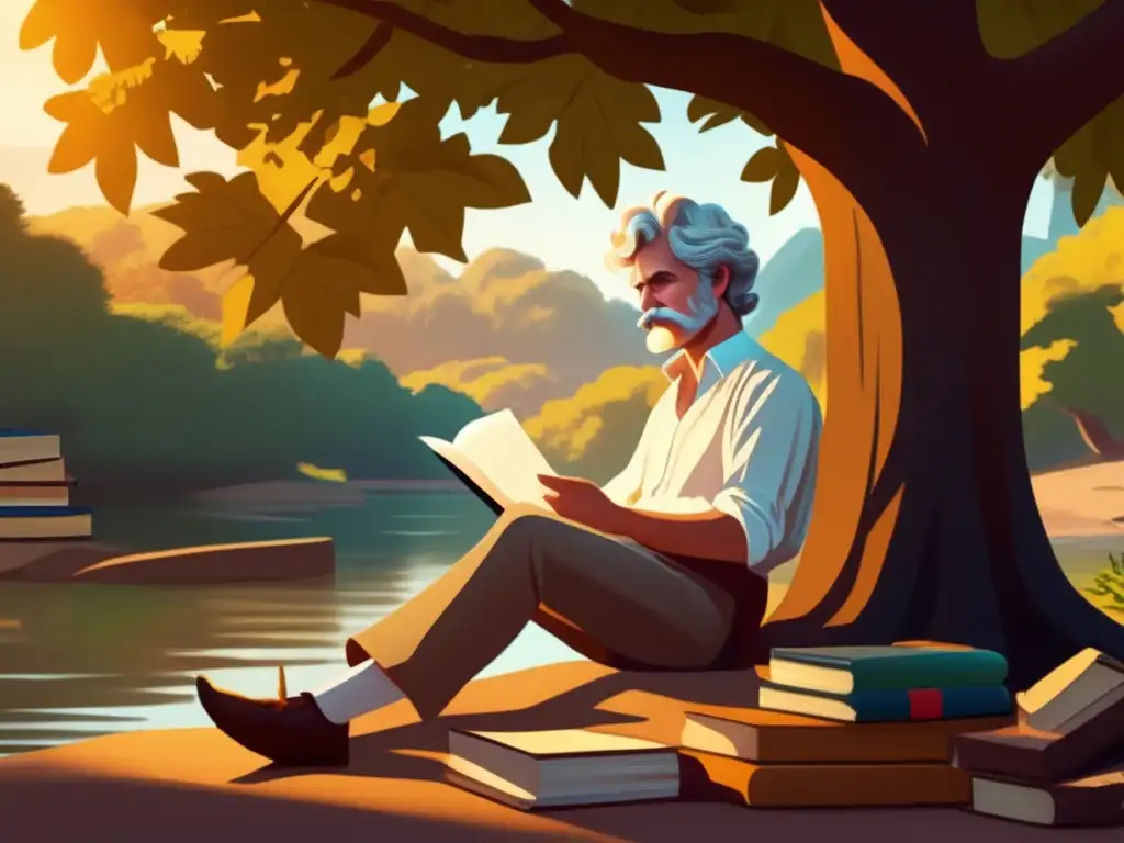 Bajo la sombra de un roble, Mark Twain reflexiona junto al río, rodeado de libros y escritura