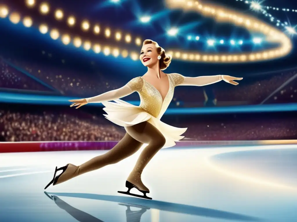 Sonja Henie deslumbrando en los Juegos Olímpicos de Invierno con su impecable rutina de patinaje artístico, mientras el público queda absorto