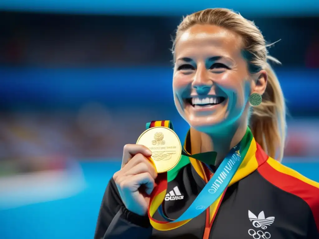 Con una sonrisa triunfante, Kristin Otto sostiene sus medallas de oro en el podio olímpico, envuelta en la vibrante bandera alemana