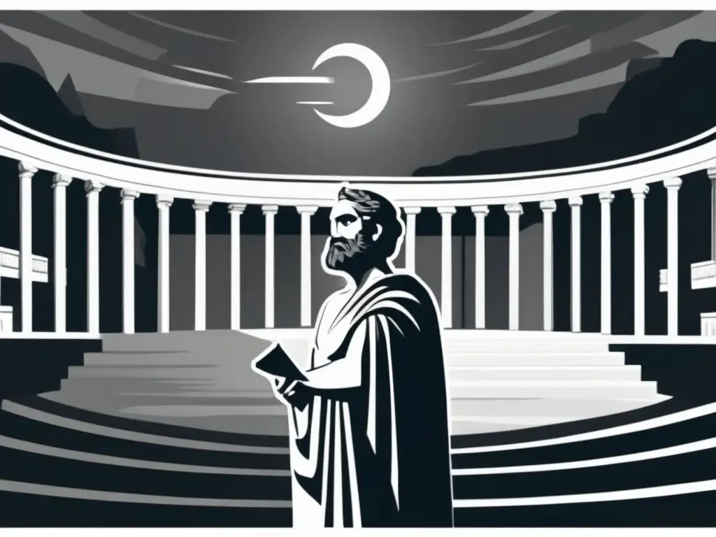 Sophocles en el escenario griego, rodeado de luces dramáticas y arquitectura clásica