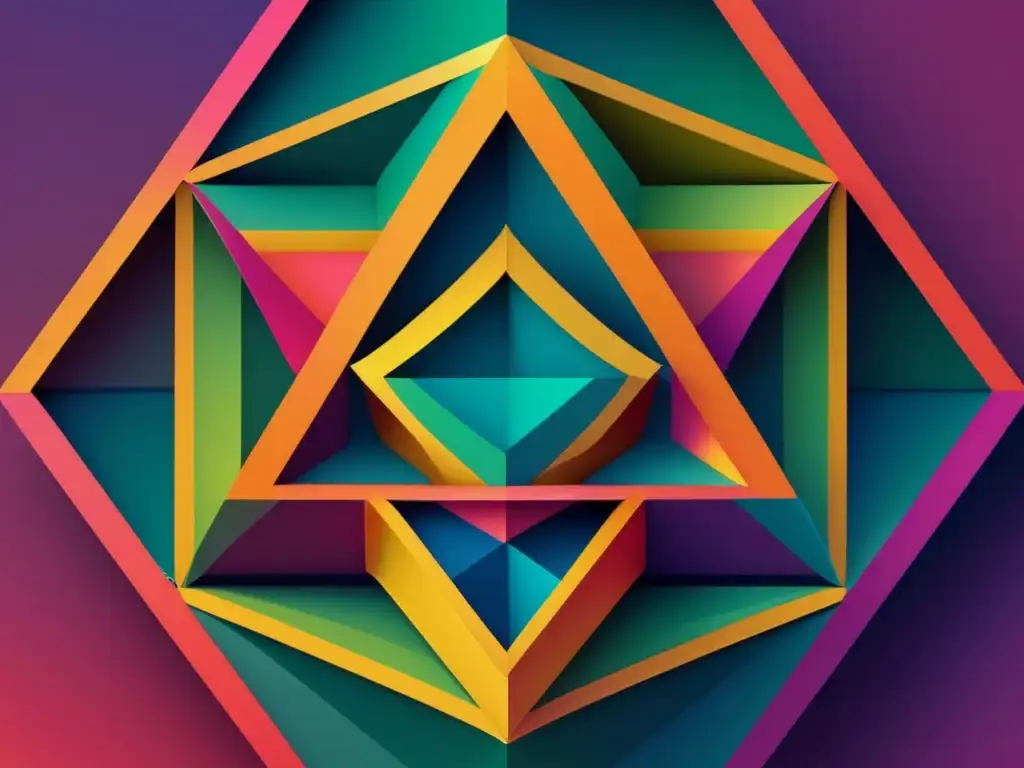 Un sorprendente close-up de una prueba geométrica meticulosamente elaborada, con líneas y formas intrincadas en colores modernos vibrantes