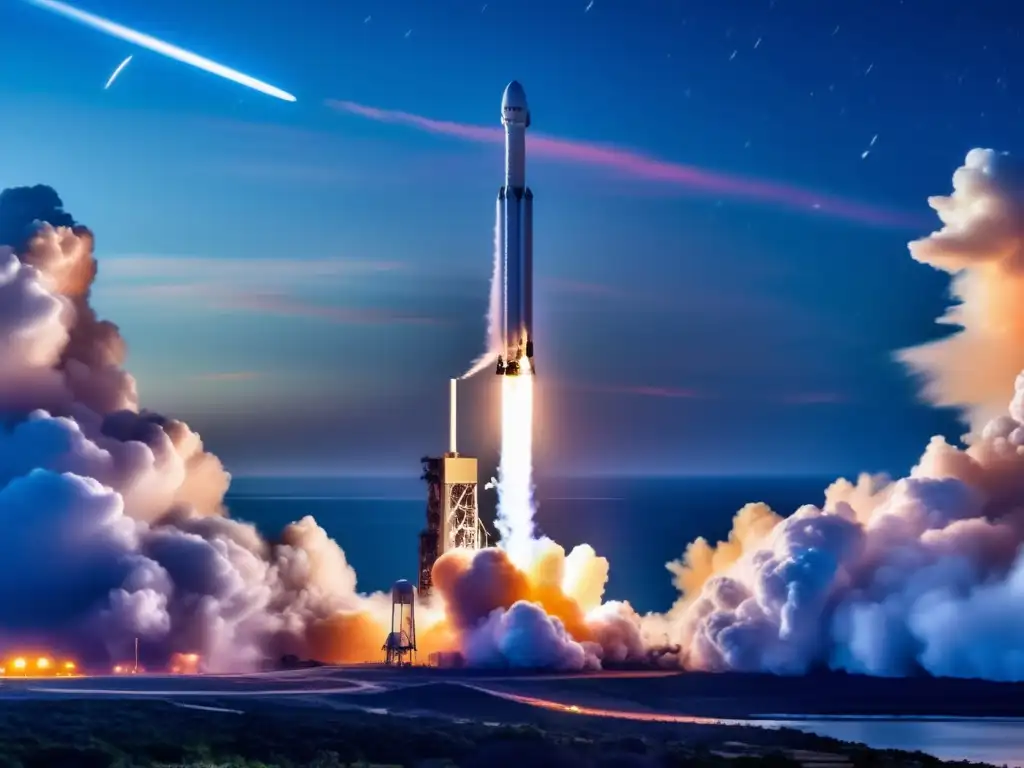 Un SpaceX Falcon 9 despega en una noche estrellada, dejando un rastro de colores vibrantes y energía intensa