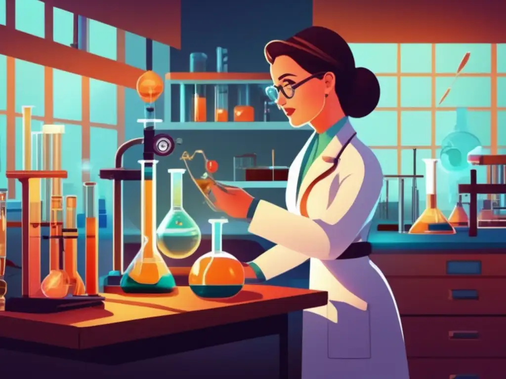 En la ilustración, Nettie Stevens se concentra en su laboratorio, realizando experimentos relacionados con el descubrimiento de los cromosomas X e Y