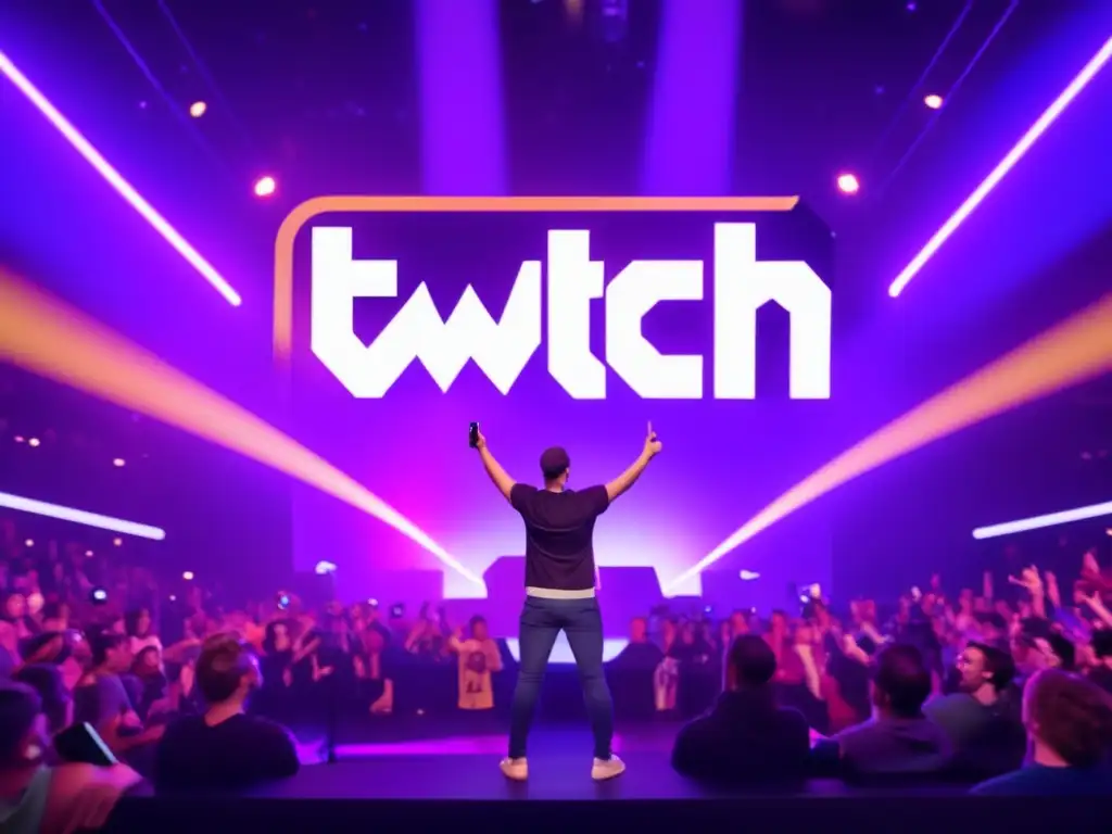 Emmett Shear lidera la Revolución Twitch, plataforma streaming, en un escenario vibrante rodeado de entusiastas usuarios