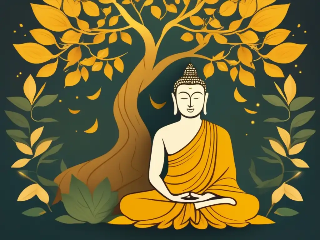 Iluminación dorada: Siddharta bajo el árbol Bodhi Bajo la suave luz dorada, Siddharta Gautama alcanza la iluminación bajo el árbol Bodhi