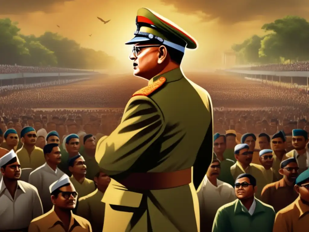Subhas Chandra Bose líder revolucionario dando un apasionado discurso a una multitud con dramática iluminación