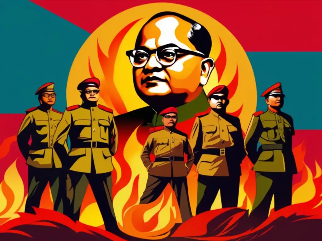 Subhas Chandra Bose líder revolucionario junto a combatientes en imagen digital vibrante de valentía y determinación