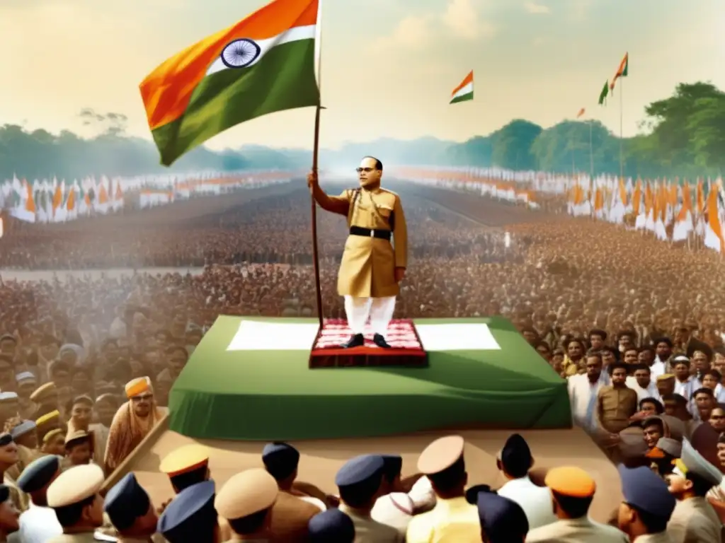 Subhas Chandra Bose líder revolucionario inspirando a las masas con pasión y determinación en una escena vibrante y dinámica