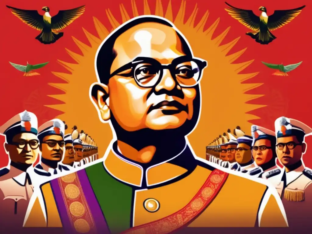 Subhas Chandra Bose líder revolucionario con seguidores determinados en una obra de arte digital vibrante y detallada