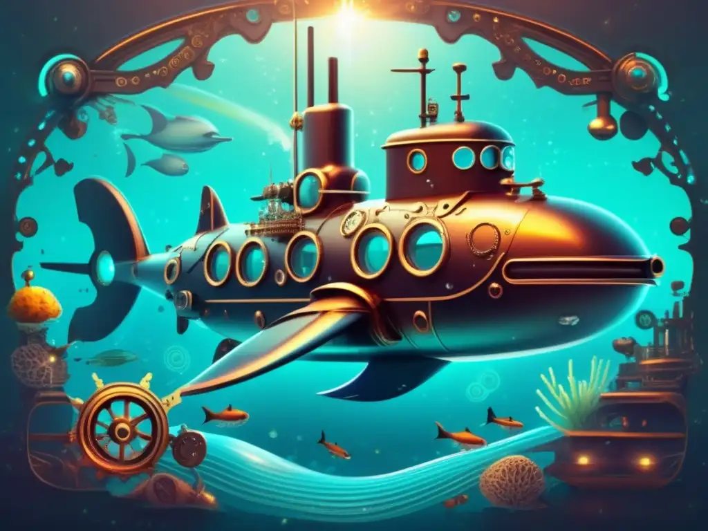 Un submarino steampunk emerge del océano rodeado de criaturas bioluminiscentes en una escena mágica