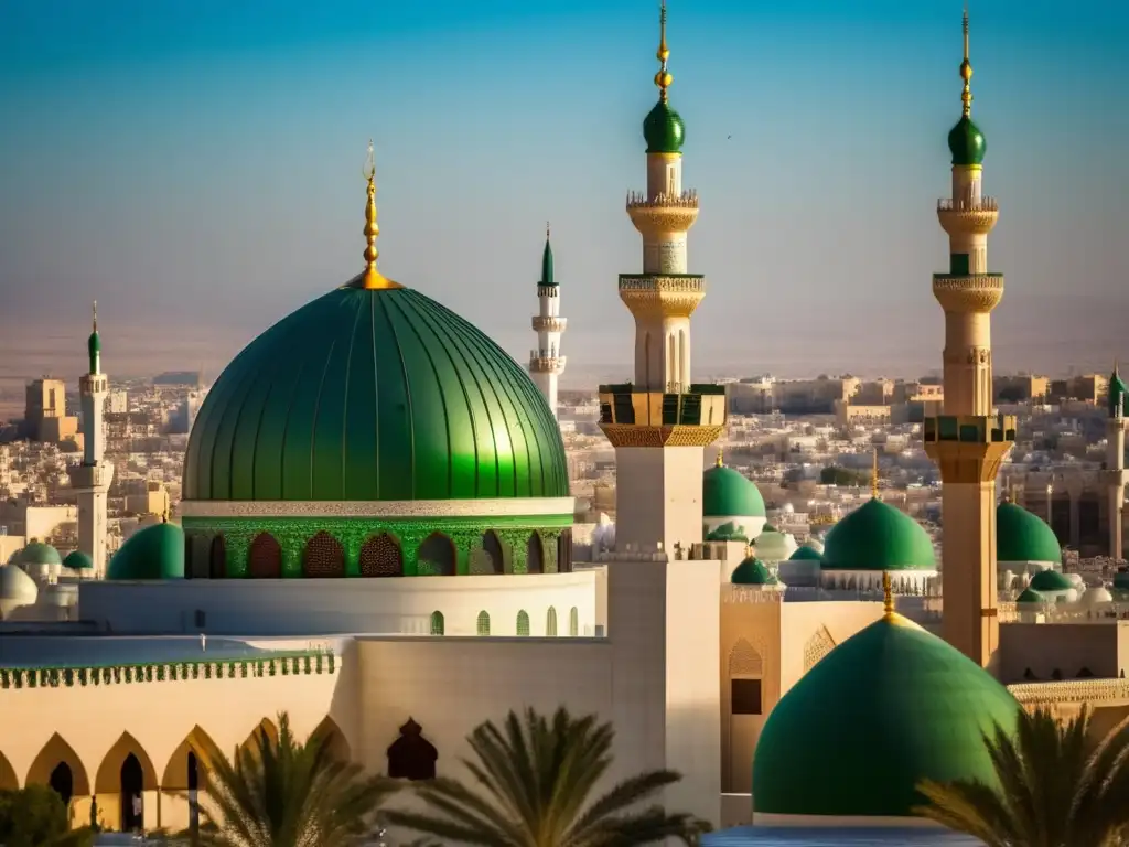 Majestuosa cúpula verde y minaretes en Medina, Arabia Saudita La cúpula verde icónica del Imam Ali sucesor de Mahoma Shiita en Medina, Arabia Saudita, bañada por la cálida luz del sol