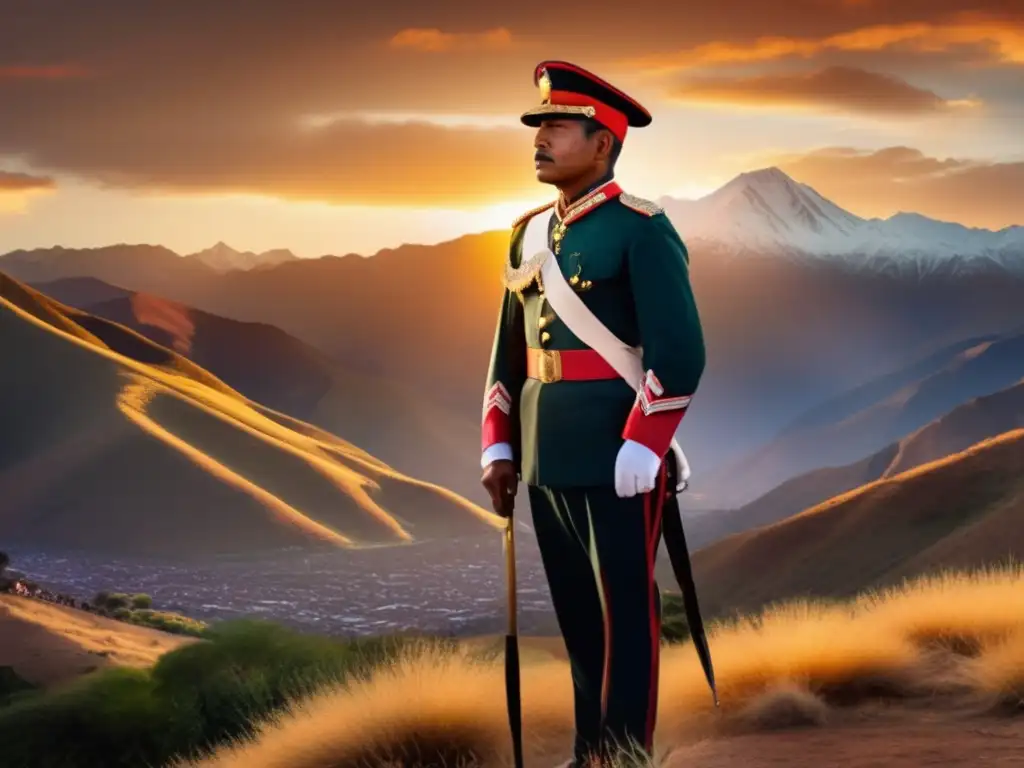 Antonio José de Sucre mira con determinación el atardecer sobre los Andes, destacando su legado en Sudamérica