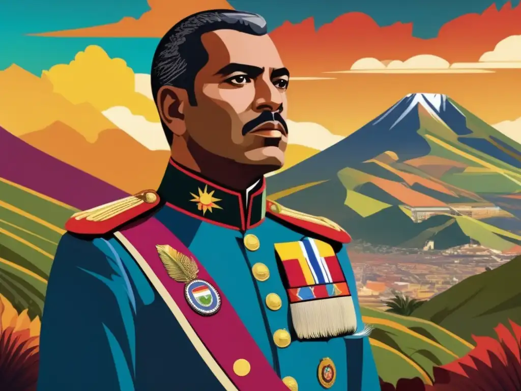 Antonio José de Sucre, líder visionario, en su uniforme militar, frente al paisaje sudamericano