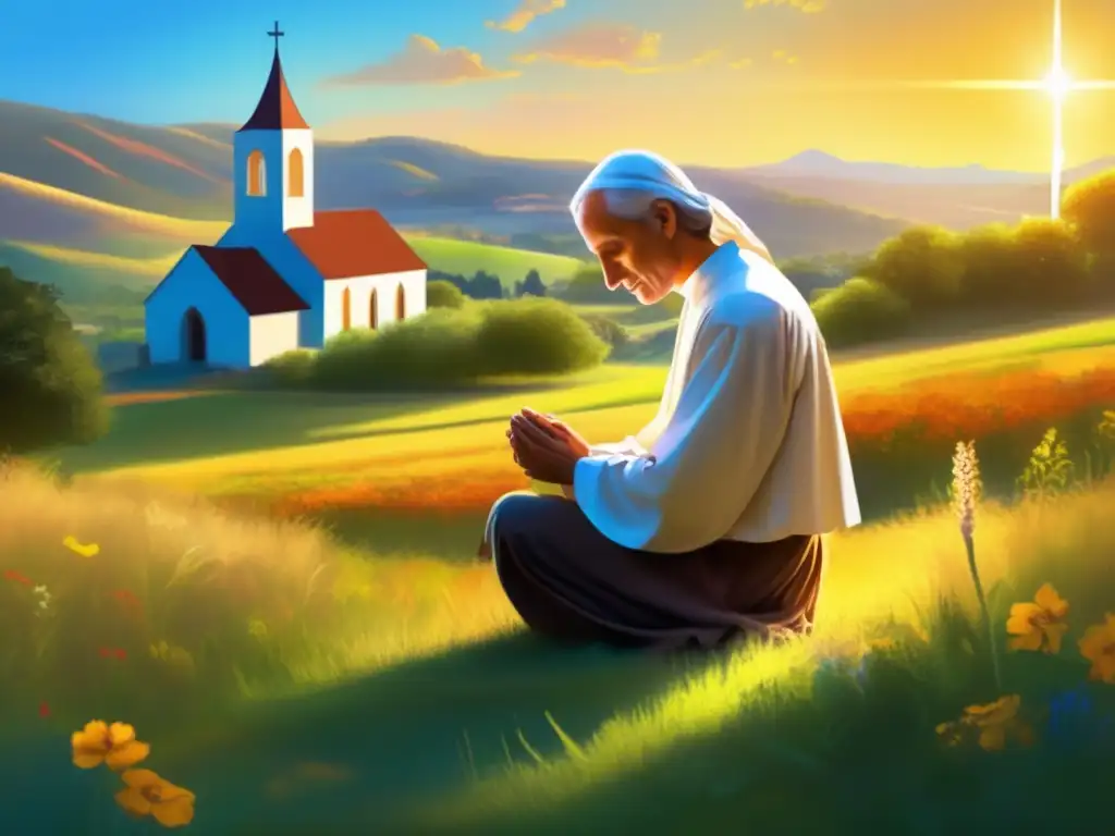 San Juan María Vianney en Oración: Pintura Digital Emotiva San Juan María Vianney en oración, sumergido en la belleza natural mientras lucha contra el mal