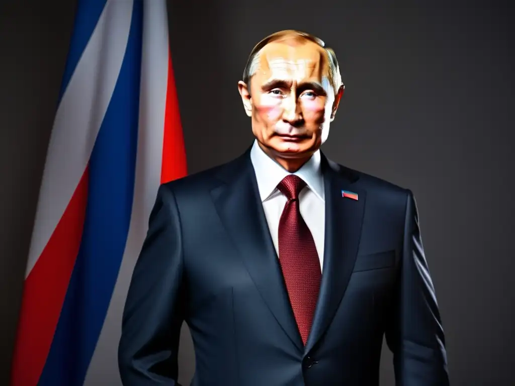 Vladimir Putin, líder supremo de Rusia, en traje con la bandera rusa