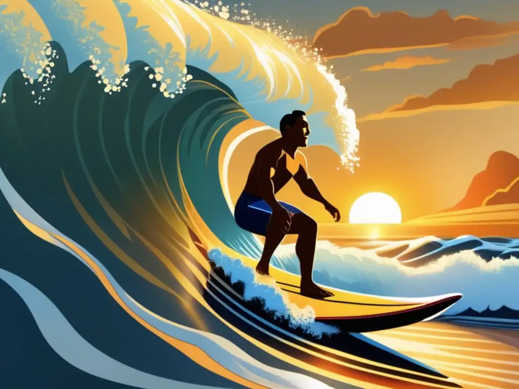 Surfista Duke Kahanamoku domando una ola al atardecer, reflejando su influencia en el mundo del surf