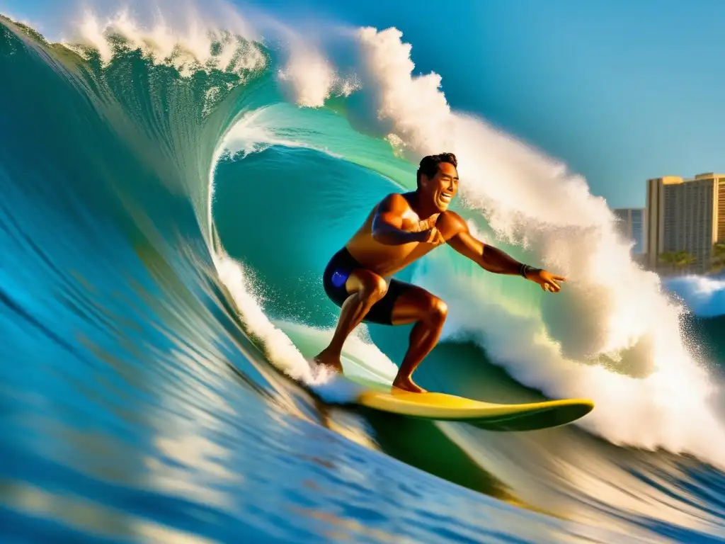 Surfista Duke Kahanamoku dominando ola gigante en Waikiki con influencia legendaria