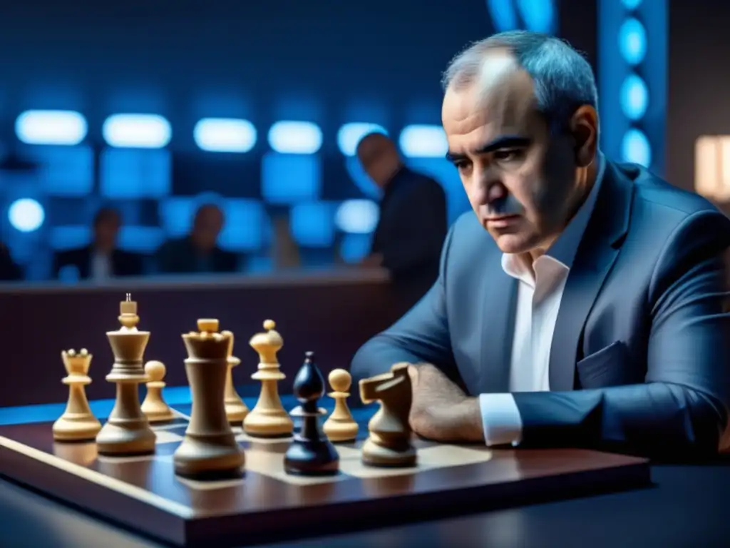 Garry Kasparov analizando un tablero de ajedrez, reflejando su legado estratégico
