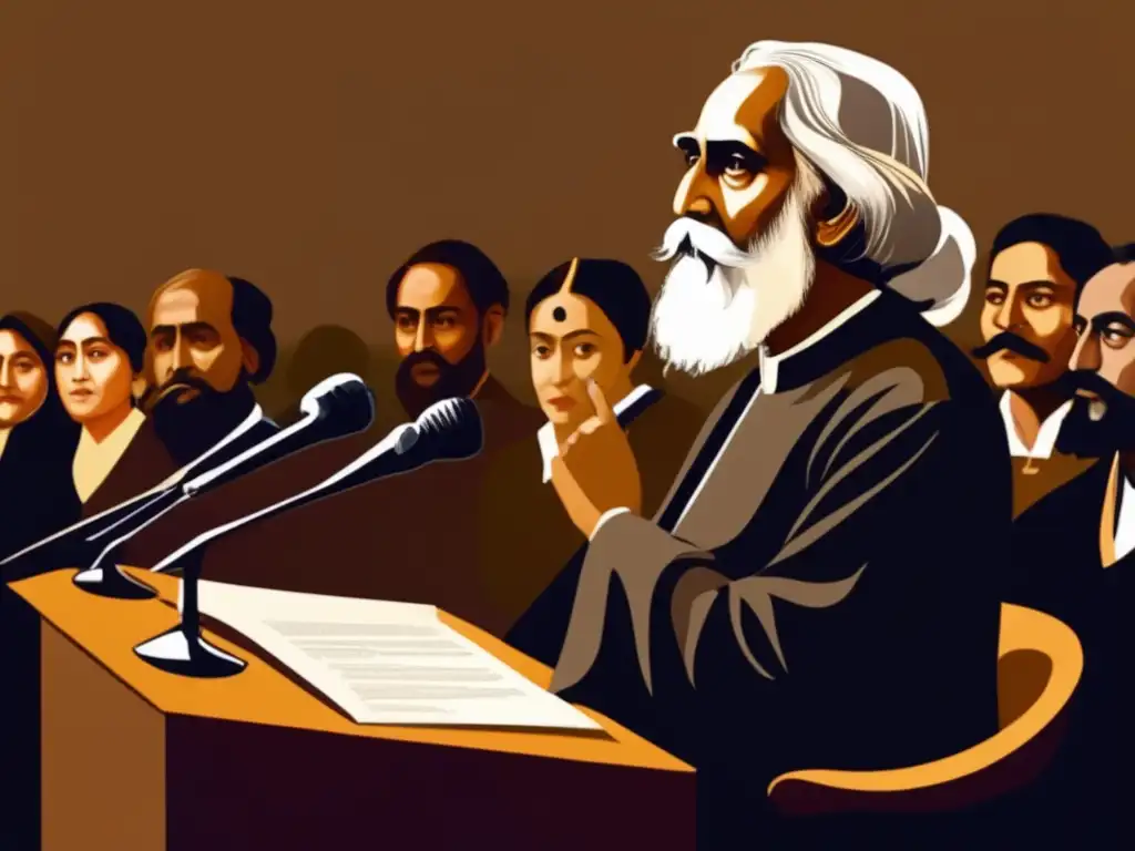Rabindranath Tagore pensador político influencia cultural dando una conferencia ante audiencia diversa en imagen vibrante y dinámica