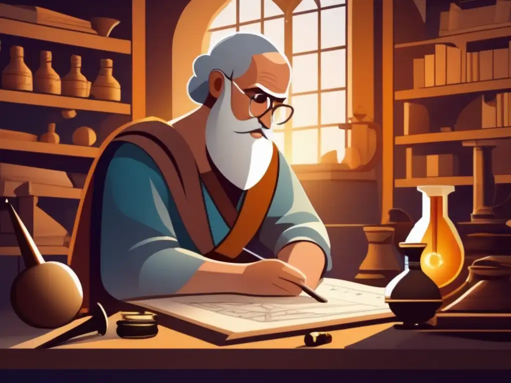 En su taller, Archimedes reflexiona sobre sus descubrimientos, rodeado de fórmulas y herramientas de alta tecnología